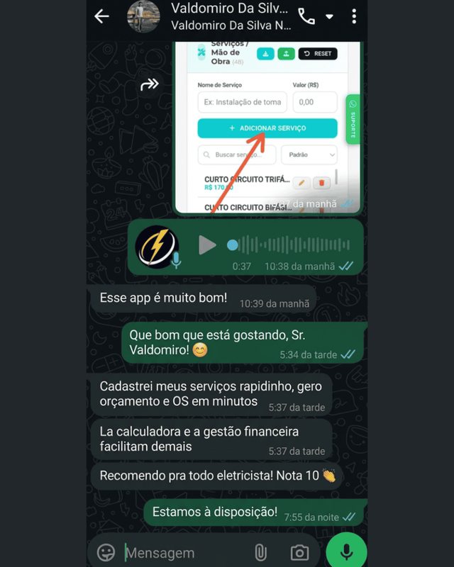 Cliente conta que cadastra serviços rápido e gera orçamento e O.S. em minutos